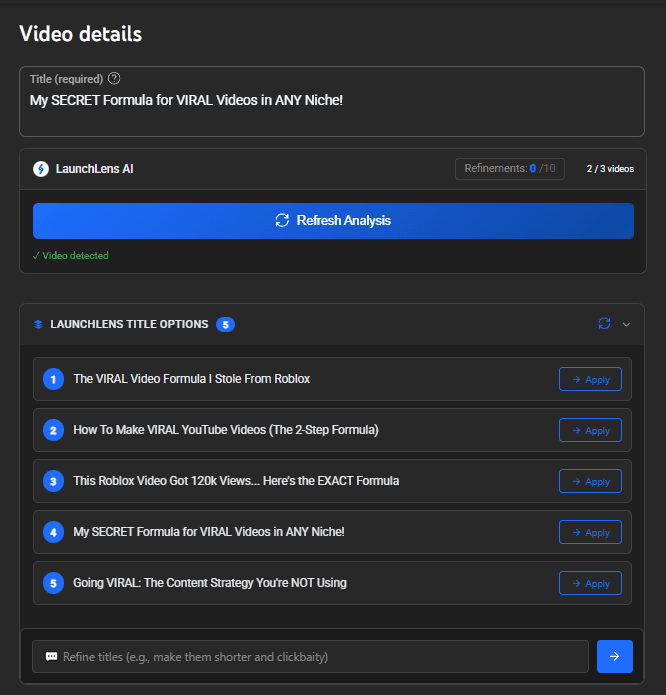 LaunchLens Dashboard - AI-powered YouTube optimization showing generated titles, tags, and alternative suggestions